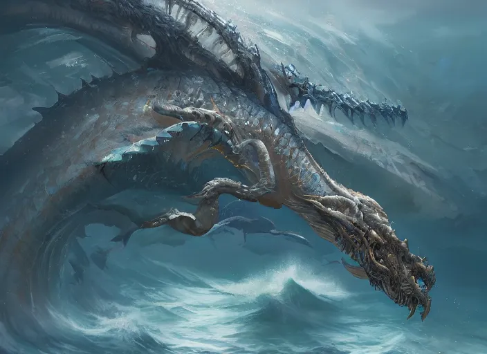 Prompt: detailed concept art of a huge sea dragon by cheng yi and luolin, artstation, artstationhd