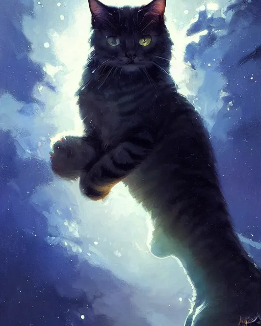 Image similar to a potrait of a space fanstasy cat, fine details. night setting. realistic shaded lighting poster by ilya kuvshinov katsuhiro, artgerm, jeremy lipkin and michael garmash, unreal engine, radiant light, detailed and intricate environment, digital art, trending on art station