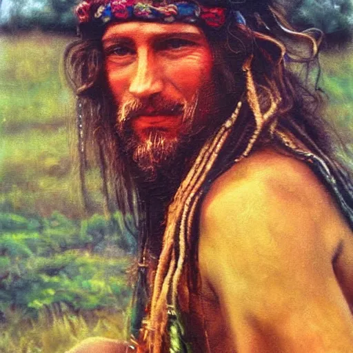 Prompt: an oil painting of a hippy at woodstock 1969, natural colours, character photography, Exquisite detail, post-processing, masterpiece