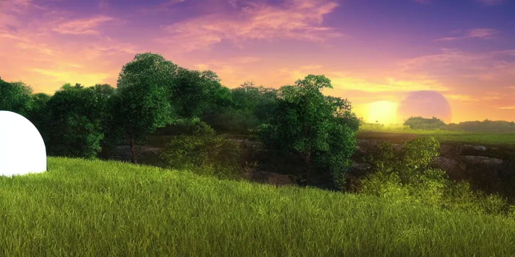 Prompt: round white dome on a hillside, by a river and fields, dreamy, sunset, volumetric lighting, Studio Ghibli