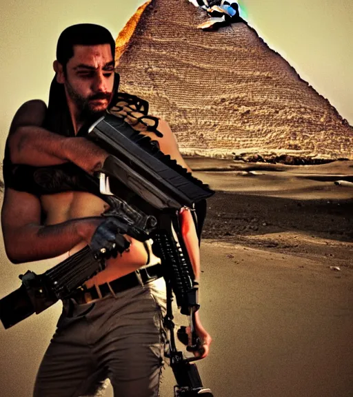 Image similar to a beefy man with a machine gun, egyptian pyramid in the background, 4 k, sharp focus, real life photo, highly detailed, cinematic, photorealistic, cyberpunk, book cover