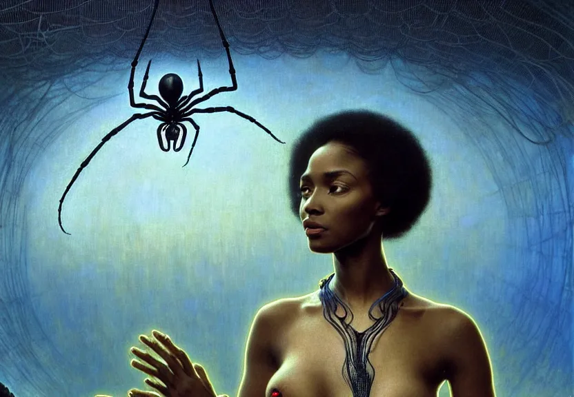 Image similar to realistic detailed portrait movie shot of a beautiful black woman in a transparent sheer dress raincoat dancing with a giant spider, futuristic sci fi landscape background by denis villeneuve, jean delville, monia merlo, ernst haeckel, alphonse mucha, max ernst, caravaggio, roger dean, sci fi necklace, masterpiece, dreamy, rich moody colours