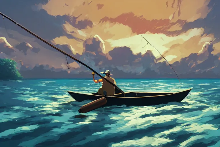 Image similar to cell shaded anime key visual of a fantasy fisherman in a small boat on a lake in the style of studio ghibli, moebius, makoto shinkai, dramatic lighting