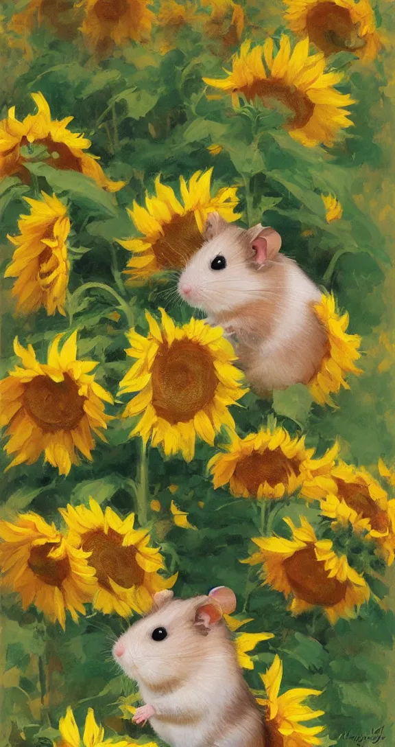 Prompt: a highly detailed beautiful portrait of a cute little hamster surrounded by beautiful sunflowers, by gregory manchess, james gurney, james jean