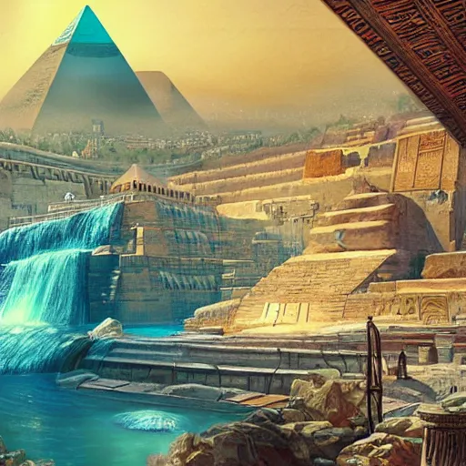 Image similar to ancient egypt cityscape in the space with waterfalls, retrowave epic art, trending on art station