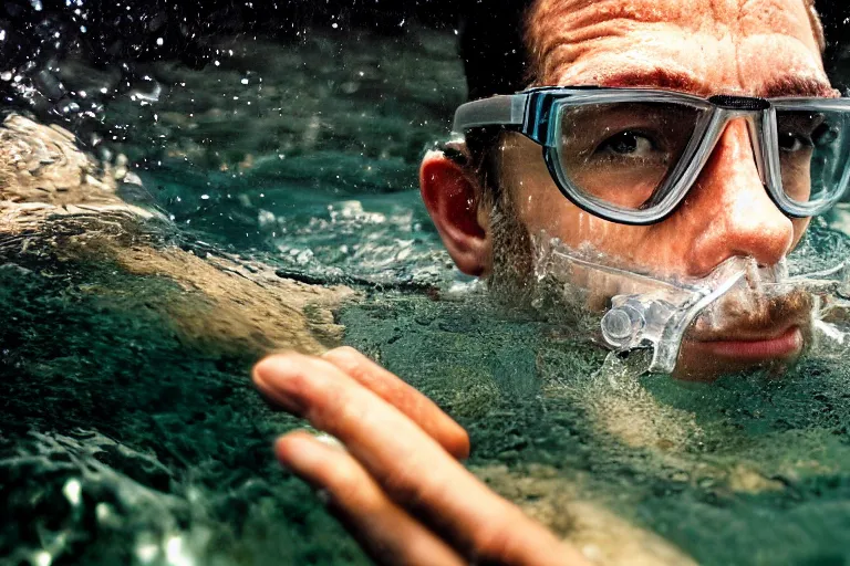 Prompt: closeup potrait of a man snorkeling underwater in flooded amsterdam, photograph, natural light, sharp, detailed face, magazine, press, photo, Steve McCurry, David Lazar, Canon, Nikon, focus