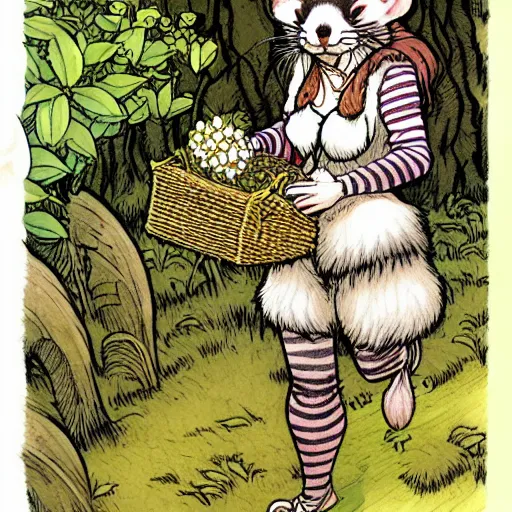 Prompt: A cute stripe-furred ferret-girl Herbalist collecting flowers in the forest. Absurdly-detailed fantasy character illustration by Rebecca Guay and Wayne Reynolds