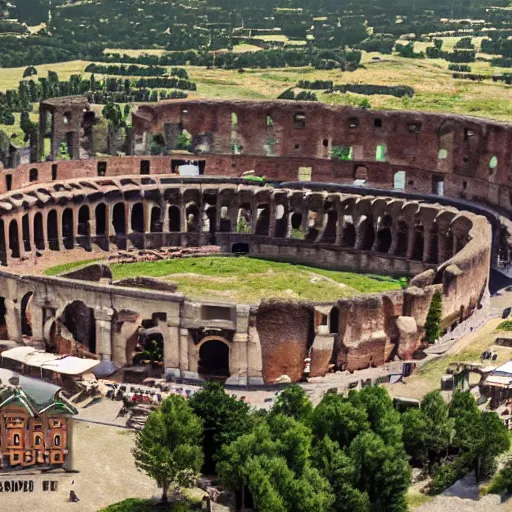 Image similar to A Roman Colosseum with an age of empires town center in the middle