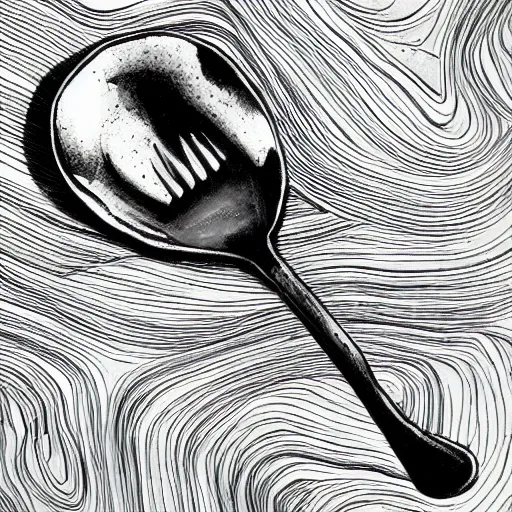 Image similar to a fork breaking, black and white ink, detailed, hyperrealistic trending on artstation