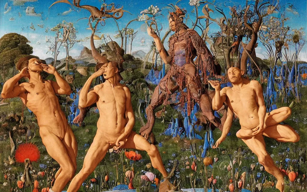 Image similar to a portrait photograph of a meditating satyr and a centaur monk riding a rocket machine and hunting at a river delta. surrounded by bulbous flowers and trees. mountain range under a blue sky of fiery stars. by jan van eyck, max ernst, ernst haeckel, ernst fuchs and artgerm, cgsociety, fashion editorial, 8 k