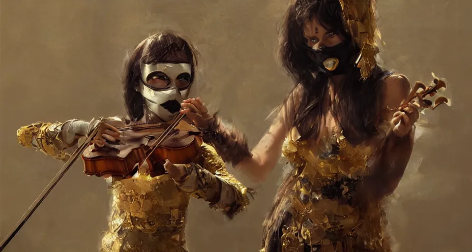 Image similar to craig mullins and ghibli digital art of a masked female play violin ， exotic costumes, gold jewelry, black hair, realistic shading, cinematic composition, realistic render, octane render, detailed textures, photorealistic, wide shot