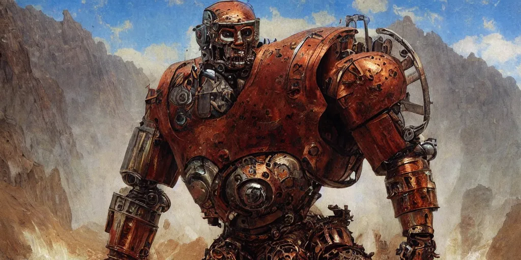 Prompt: full body rusty steel single titan colossus terminator T-800 in pacing through hills, crossing the river, mountain valley to fortress, with armour, artillery, muscular torso, fine art, cinematic, artstation, matte painting, masterpiece by vasnetsov and surikov, JEAN-VICTOR BERTIN