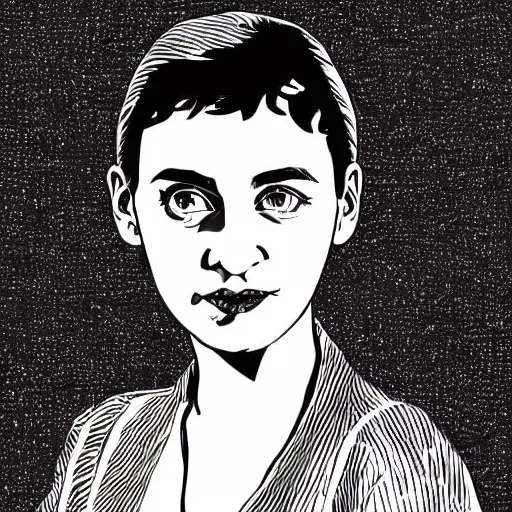 Prompt: portrait of young amélie poulain, vector art, line art, engraving illustration