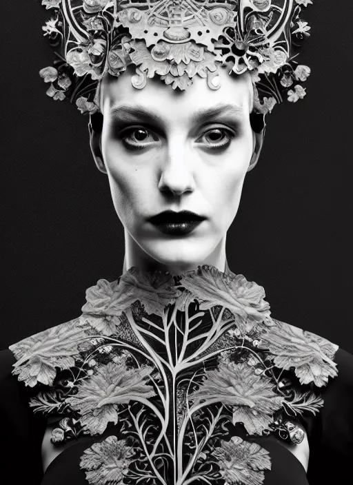 Image similar to monochrome profile portrait painting, dutch masters, silver lace floral steampunk biomechanical beautiful one techno eye young female cyborg, big monocular, volumetric light, leaves foliage and stems, hibiscus flowers, alexander mcqueen, rim light, big gothic fashion pearl embroidered collar, 8 k