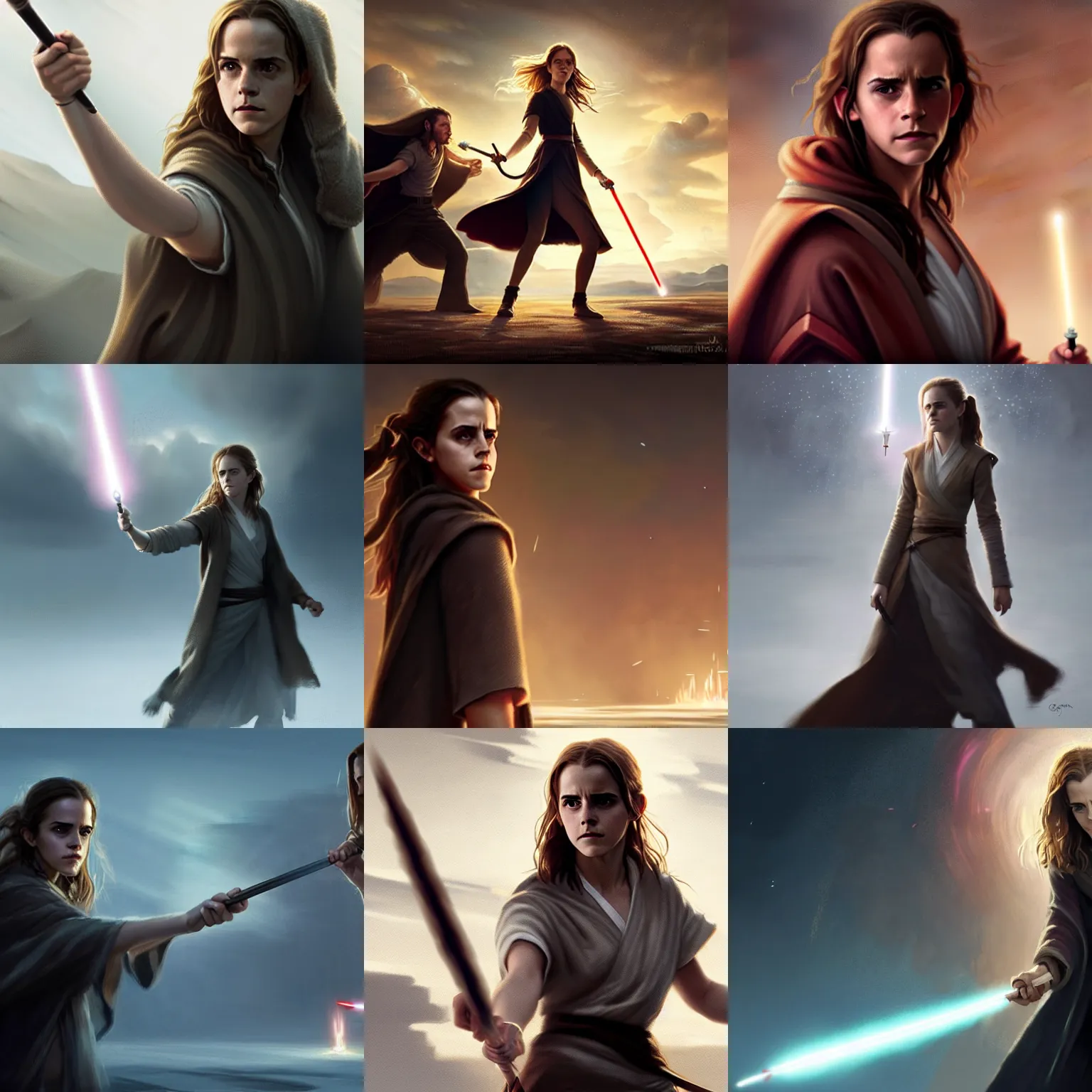 Prompt: emma watson / hermione granger casting a spell at liam neeson / qui - gon jinn, digital art by greg rutkowski