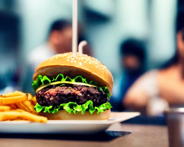 Prompt: juicy burger from a fast food restaurant, depth of field, food photography, street photography, isometric, tasty, mcdonalds, wide shot, studio, bokeh, gmaster, cooking, realistic, food, kodak, sony, canon
