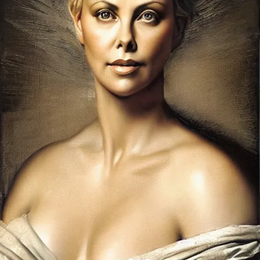 Prompt: a striking hyper real painting of charlize theron by da vinci.