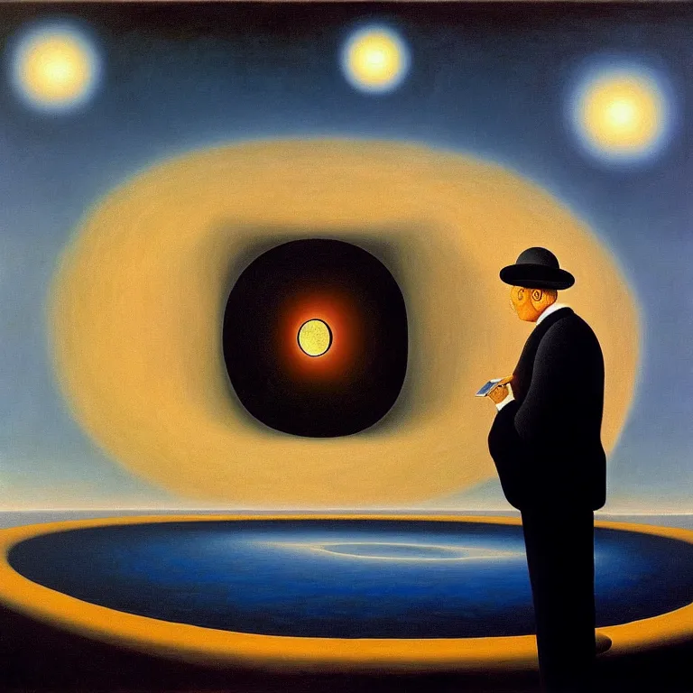 Image similar to a man looks into his own painting and sees a black hole, by rene magritte and salvador dali, surreal, oil on canvas, hyper detailed