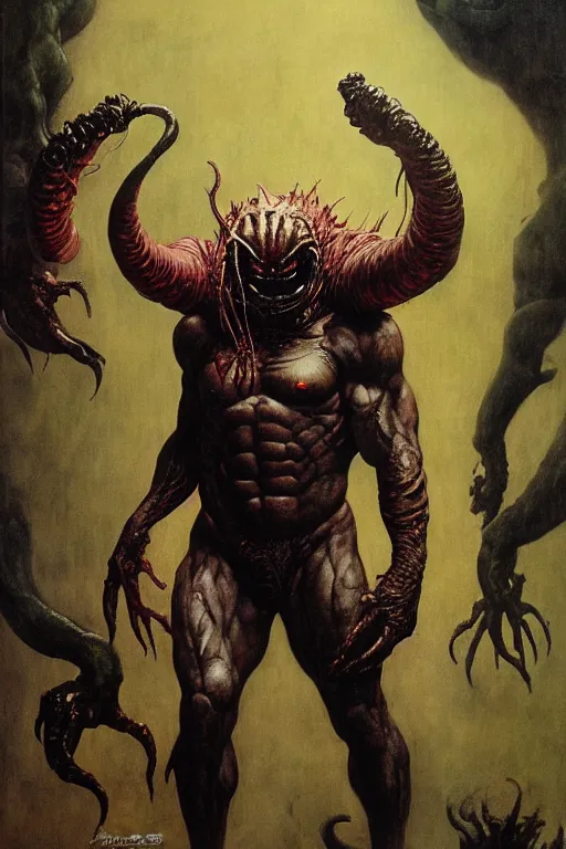 Image similar to the predator in the style of wayne barlowe, gustav moreau, goward, bussiere, roberto ferri, santiago caruso, luis ricardo falero, frazetta