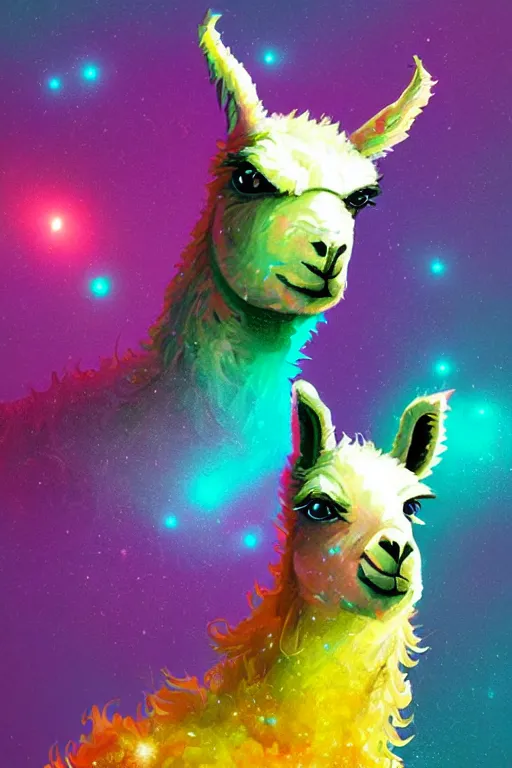 Image similar to vivid 3D animated designscapes with bursts of radiant particles–building an ethereal llama portrait, professional concept art, trending on artstation, geometric llama