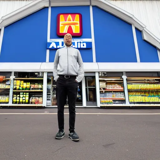 Prompt: a man in front of an aldi supermarket, terrified, in a terrifying pose, photo realistic