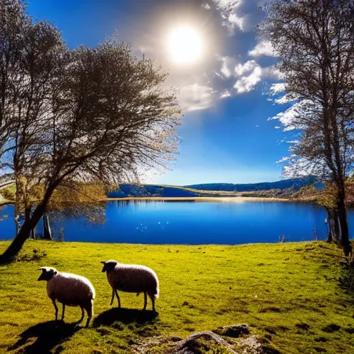 Prompt: a beautiful landscape with a lake, sheep grazing, cinematic light, long shadows,