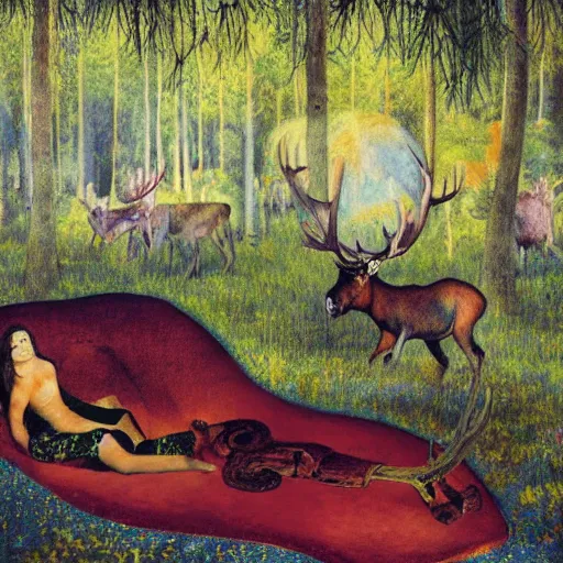 Image similar to psychedelic couch sofa in the lush pine forest, milky way, people with moose antlers, designed by arnold bocklin, jules bastien - lepage, tarsila do amaral, wayne barlowe and gustave baumann, cheval michael, trending on artstation, star, sharp focus, colorful refracted sparkles and lines, soft light, 8 k 4 k