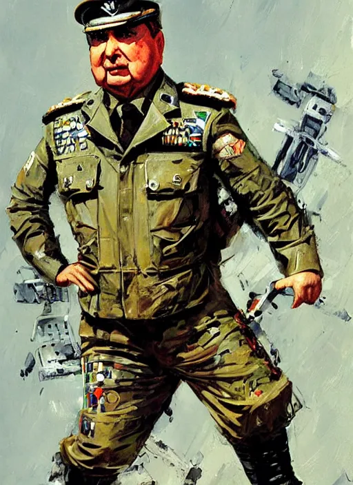 Prompt: pinochet as a cyborg wearing military clothes illustrations by john berkey