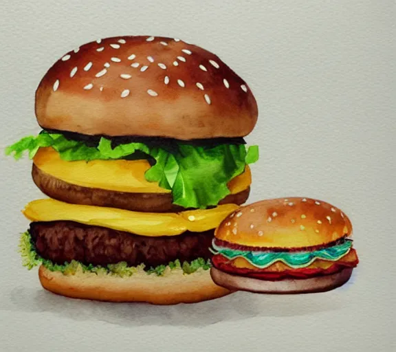 Image similar to A puppy eating a huge hamburger, watercolor painting, trending on artstation