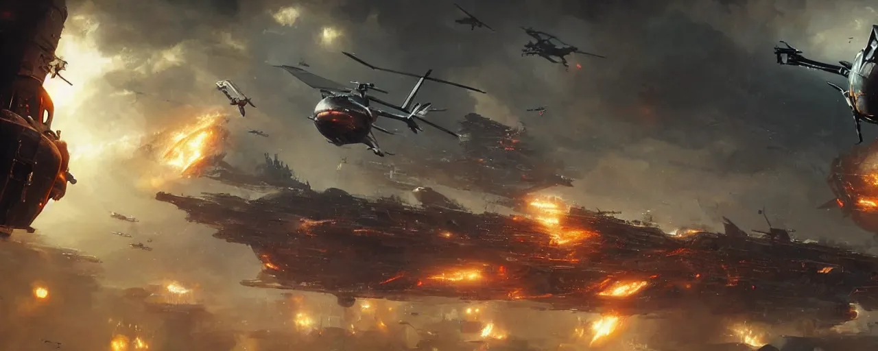 Image similar to a futuristic cyberpunk helicopter in war scene, epic scene, big explosion, by greg rutkowski