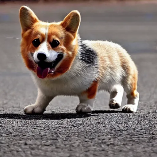 Image similar to an extremely angry corgi, terrifying, dangerous, attacking, snarling, mean, vicious