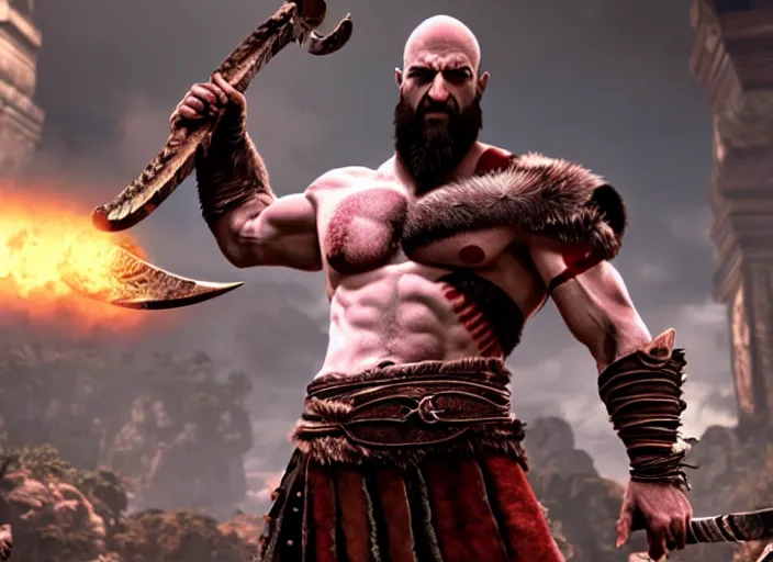 Prompt: in game screenshot of kratos!!! victoriously holding up a computer mouse raising a computer mouse in the air holding a mouse mouse pc mouse!!! in the new god of war video game, 4 k