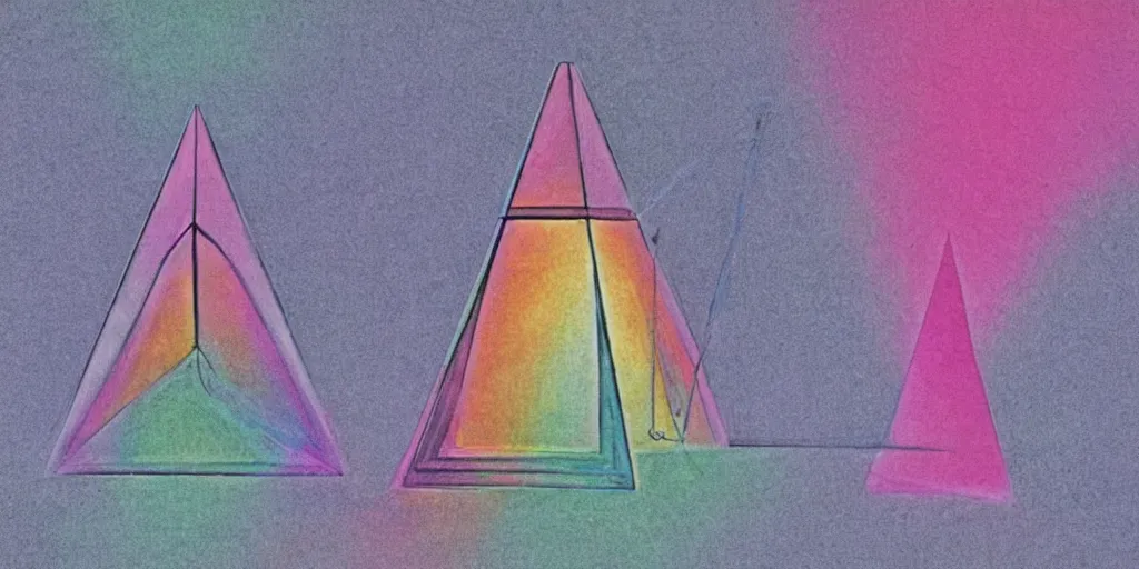 Prompt: a treble clef staff of complex musical notes and orchestral notation flowing from a glass pyramid prism, pastel faded grey rainbow, pink and grey muted colors, faded grey muted wash of distant pastel colors, in the style of Pink Floyd Dark Side of the Moon