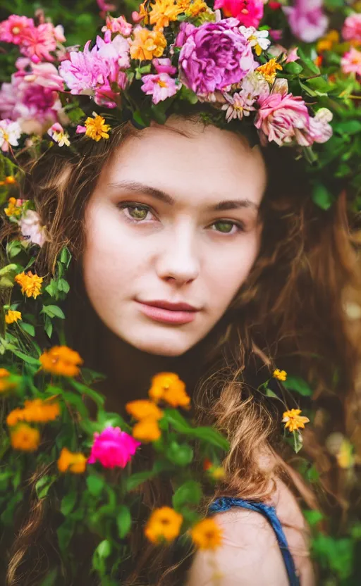 Image similar to portrait of a beautiful young girl with A LOT of flowers in her hair, beautiful composition, modern color palette, 50mm f1.8, ambient light,