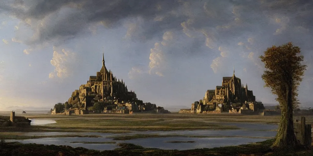 Prompt: masterpiece oil painting portraying mont saint michel in the style of romanticism landscape painters with a tree on the foreground,beautiful!!!!!!!,misty!!!!!!!!!,detailed!!!!!!!,night sky,evocative,reflection in the water,photorealistic,chiaroscuro,soft lighting