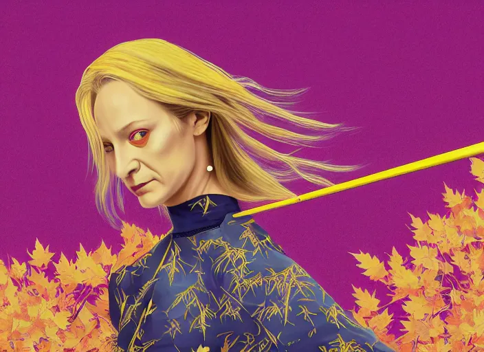 Image similar to breathtaking detailed pattern pastel colors, action scene from kill bill, with uma thurman ( kill bill ) in yellow kimono, with hatori hanzo katana sword and autumn leaves, by hsiao - ron cheng, bizarre compositions, exquisite detail, enhanced eye detail