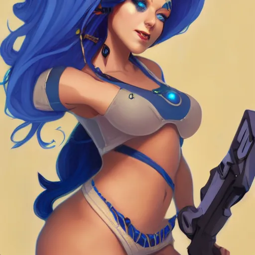 Image similar to beautiful girl with blue hair wearing a bikini, symmetrical face, character concept, character concept art, by Peter Mohrbacher and Alphonse Mucha, overwatch, weapon, detailed, style, 8k, trending on artstation, unreal