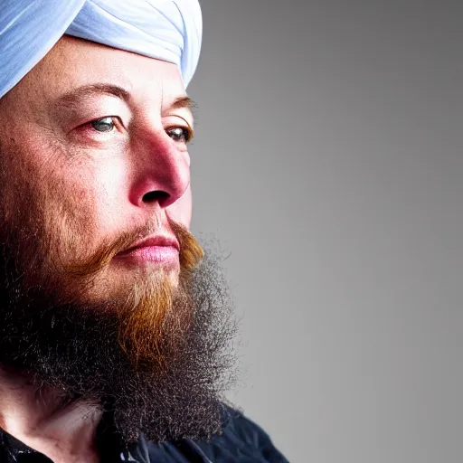 Image similar to a portrait elon musk wearing a long beard and a turban joining the taliban, fine details, close up, 8 k photography, depth of field, bokeh. i