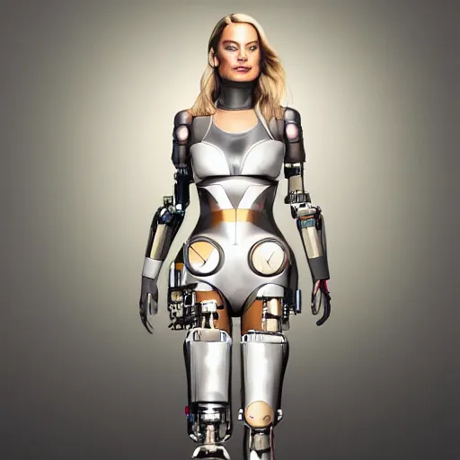 Image similar to full body portrait of Margot Robbie as a cyborg with robotic prosthetic arms and legs, 4k, hyperdetailed, photorealist, DSLR photograph