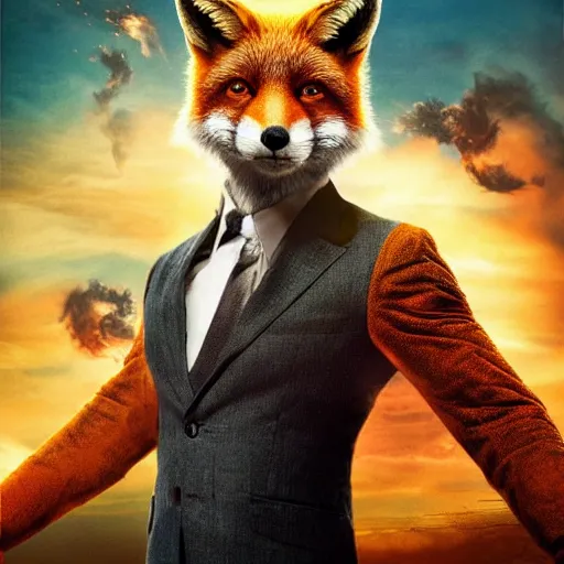 Image similar to hdr quality poster for an action movie called “ fox frigate ”, fearing cool looking anthropomorphic male fox in suit, stealing lots of fried chicken, promotional media