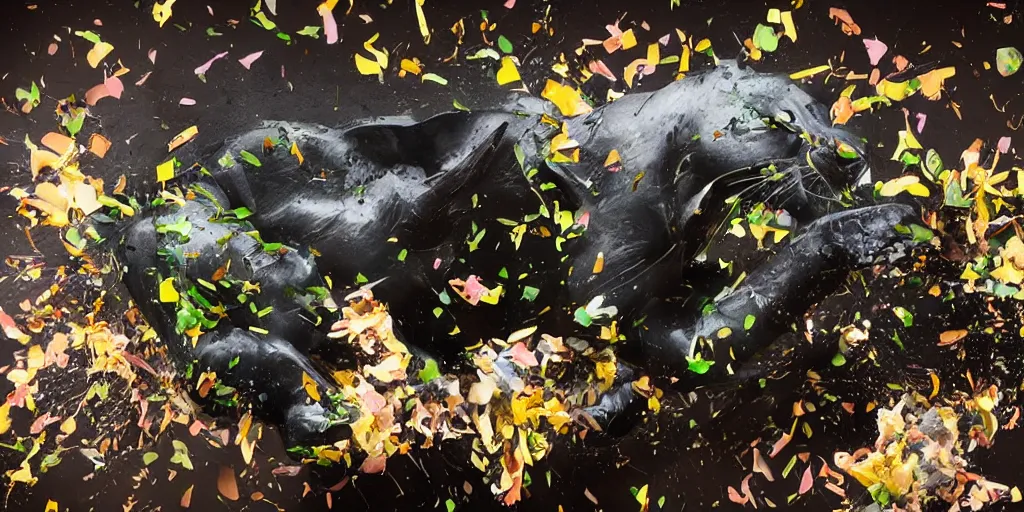 Image similar to abstract composition representing a panther created by a mixture of pistachio ice cream, black marble, dandelions and coca cola being thrown around by centrifugal forces, brilliant museum sculpture, award winning photo, 4k