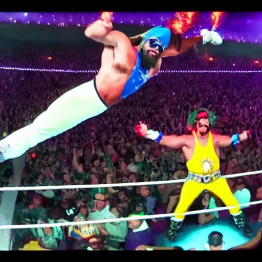 Prompt: Macho Man Randy Savage performing elbow drop from orbit. GoPro Hero 8, reentry burn, High Quality, 4k