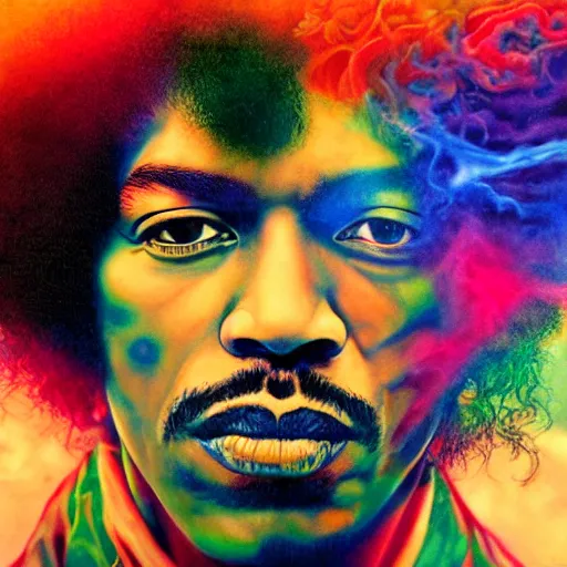 Image similar to colour masterpiece surreal closeup portrait photography jimi hendrix by miho hirano and annie leibovitz and michael cheval, psychedelic smoke background, 8 k