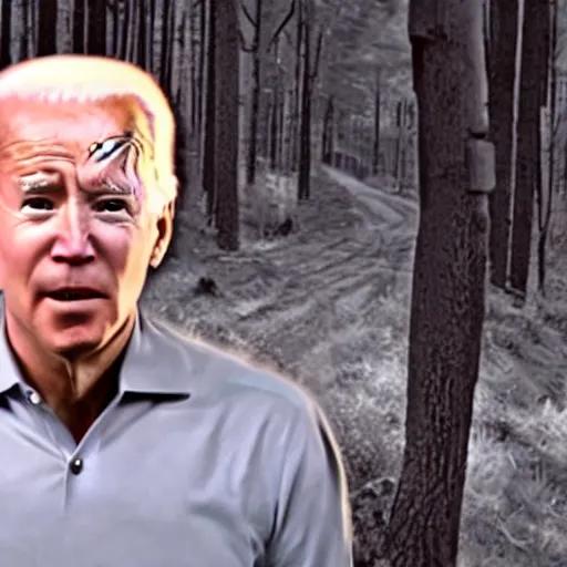 Prompt: terrified infrared trailcam footage of Joe Biden running from predator