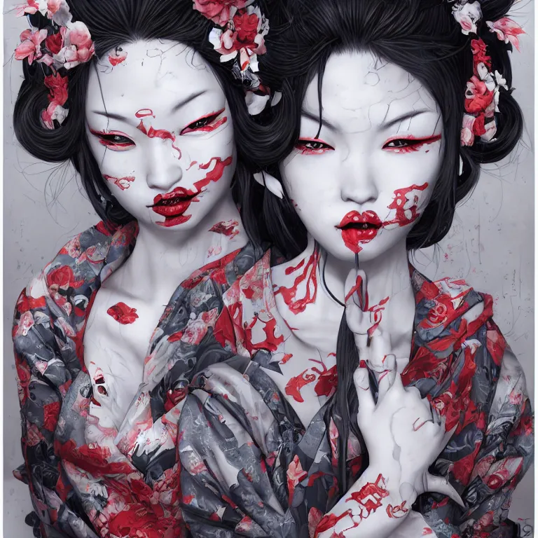 Image similar to disconfigured geisha, dark art by james jean, part by ross tran, part by ariduka 5 5, ultra realistic, high definition, 3 d render, masterpiece