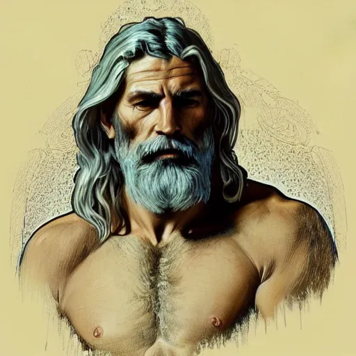 Image similar to painted portrait of rugged zeus, greek god, 4 0 years old, handsome, white hair, soft hair, upper body, muscular, hairy torso, fantasy, intricate, elegant, highly detailed, digital painting, artstation, concept art, smooth, sharp focus, illustration, art by alphonse mucha