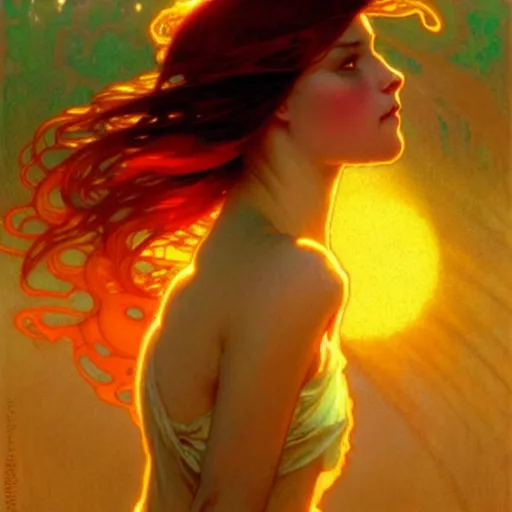 Image similar to glossy liquid honey drops flowing like translucent amber, backlit, sunset, refracted lighting, art by collier, albert aublet, krenz cushart, artem demura, alphonse mucha