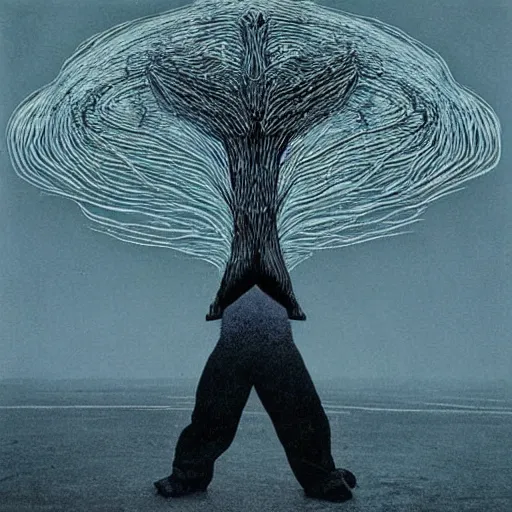 Image similar to One day, I am going to grow wings, a chemical reaction, hysterical and useless., radiohead album art cover, A photography portrait by Stanley Donwood and Zdzislaw Beksinski