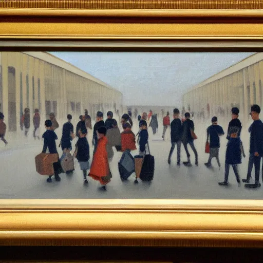 Image similar to painting of commuters heading to the central business district of singapore, painted by laurence stephen lowry, oil on canvas, national gallery