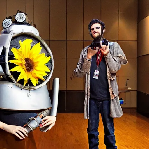 Image similar to ethan klein as a steampunk robot holding a large sunflower in a long futuristic hallway